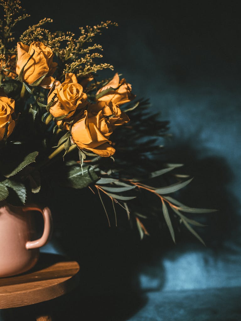 Roses in Vase on Dark Background